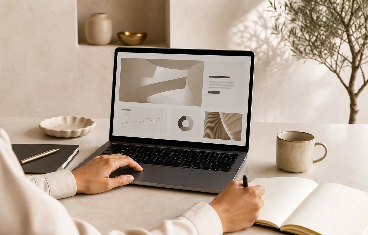 Designer lucrând la un website și un dashboard SEO într-un studio luminos